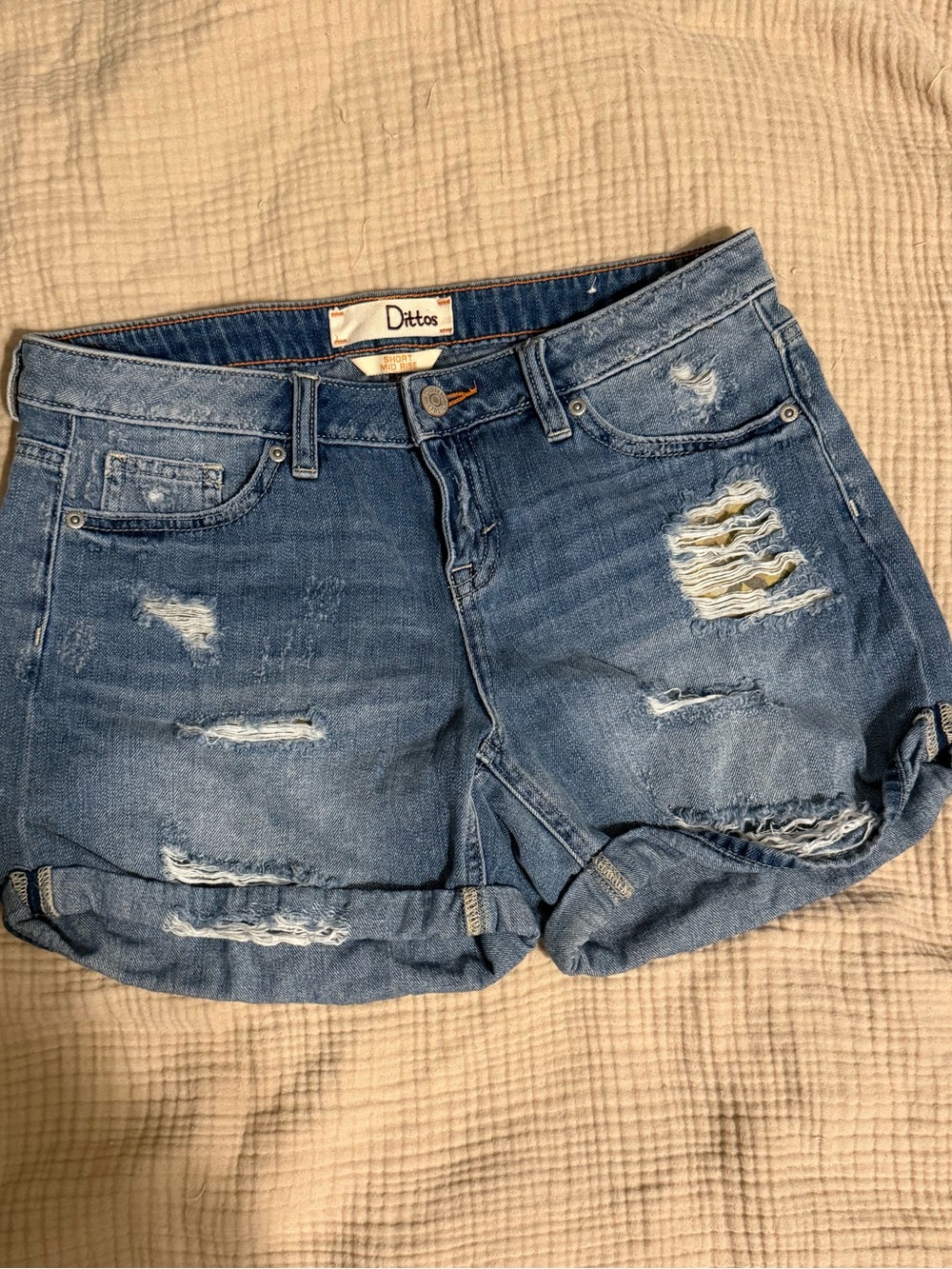 Dittos Distressed Rolled Hem Denim Shorts - Blue